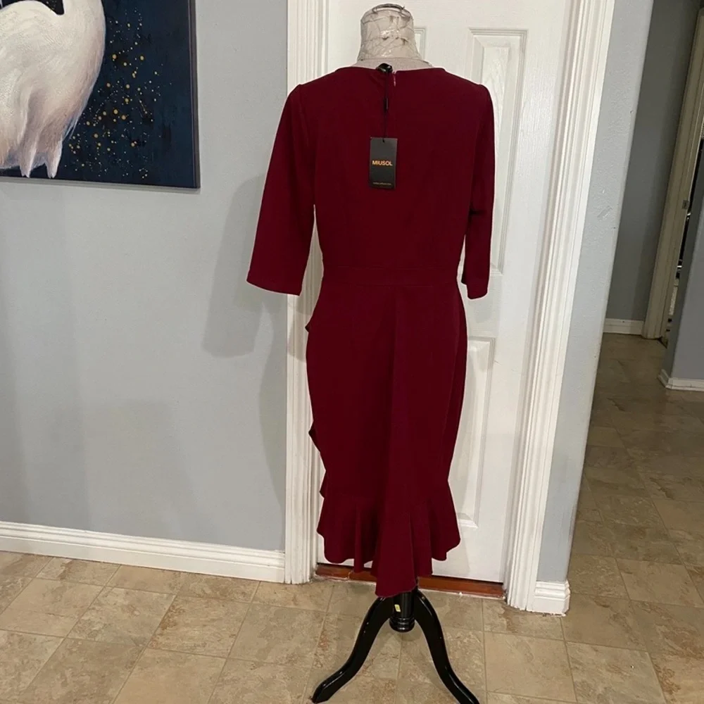 New Women XL Miusol 3/4 Sleeve Burgundy Ruffle Knee length Dress - Picture 6 of 7
